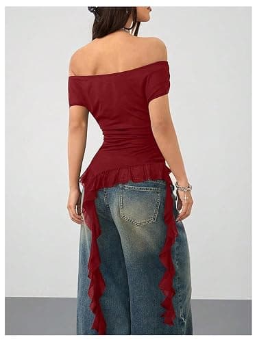 SweatyRocks Women's Off The Shoulder Asymmetrical Top Y2k T Shirts | Cap Sleeve Ruffle Mesh, Flowy Fit, Going Out, Country Concert Outfit thumbnail 2