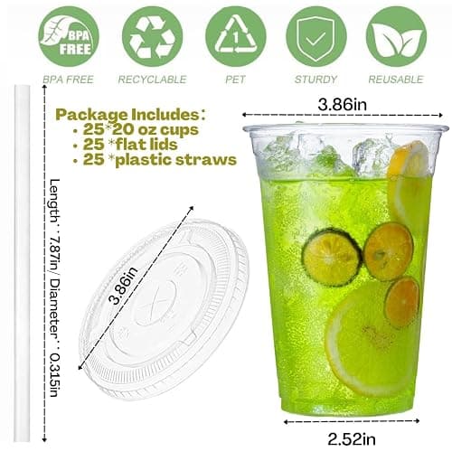 Artsotroly 20 oz Clear Plastic Cups with Lids and Straws, Disposable Drinking Cups for Cold Drinks, Iced Coffee, Milkshakes, Smoothies, 25 Sets thumbnail 2