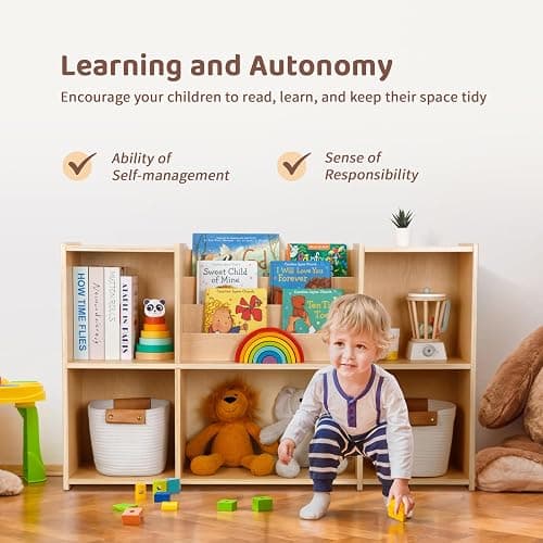 OOOK Montessori Bookshelf and Toy Storage Organizer, 2-Tier Horizontal Bookshelf, 5-Compartment Toy Storage Cabinet with Book Rack, Ideal Choice for Kids Classroom Organizer, Playroom and Daycare thumbnail 5