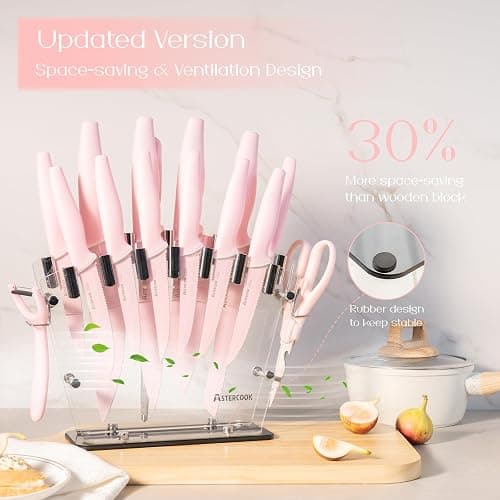 Astercook Knife Set with Block and Sharpener, 22 Piece Kitchen Knife Set Dishwasher Safe, Space-Saving Clear Knife Block with Knives for Everyday Home Cooking Pink thumbnail 6