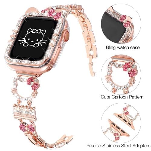 Bling Bracelet Band with Protector Case Compatible with Apple Watch Bands for Women iWatch Series 11 10 46mm 42mm,Series 9 8 7 41mm 45mm,Series 6 5 4 SE 40mm 44mm,Cute Cartoon Jewelry Metal Strap thumbnail 2