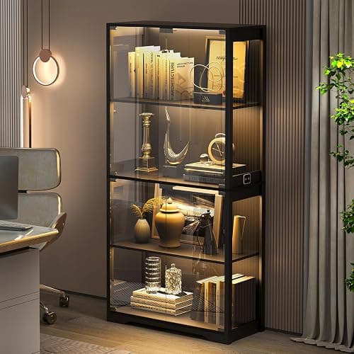 BROTTAR Display Cabinet with Glass Doors, 4-Tier Curio Cabinet with 3 Color Lights for Collectibles, Glass Display Case with Human Body Sensor, Bookcase with 4 Shelves, Storage Cabinets, Black thumbnail 7