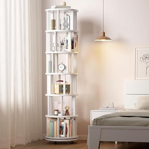 Muwuele Solid Wood Rotating Bookshelf on Wheels, 6 Tier, Round Revolving Bookcase, 360° Spinning Book Shelf Tower for Kids, Narrow Rolling Bookshelves for Small Space, Corner, Bedroom, Office, White thumbnail 8