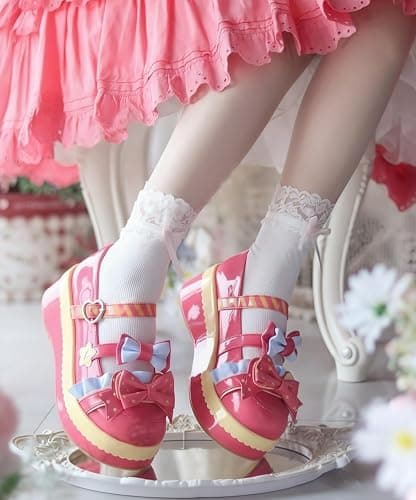 Women Lolita Shoes Heel Mary Jane Lace Pumps with Bow Kawaii Cute Cosplay Wedge Boots Cross Strap Block Heel Sweet Style thumbnail 2
