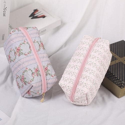Makeup Bag Quilted,Cotton Cosmetic Pouch,Large Make Up Bag for Women,Cute Flower Travel Toiletry Bag Organizer Portable for Purse,Floral Pink thumbnail 5