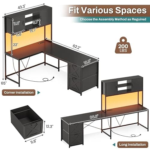 SEDETA Reversible L Shaped Corner Gaming Desk with Drawers, Led Lights | Corner Computer Desk with Fabric Drawers, Power Outlet, Hutch and Storage Shelf for Home Office, Black thumbnail 2