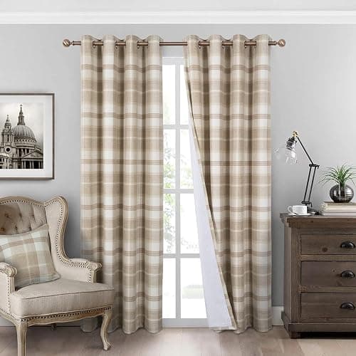 always4u 100% Blackout Curtains Check Eyelet Curtain Bedroom Plaid Woven Brushed Cheque Pair of Highland Woolen Look Window Treatment for Living Room Beige 46 * 90 Inches - Image 1