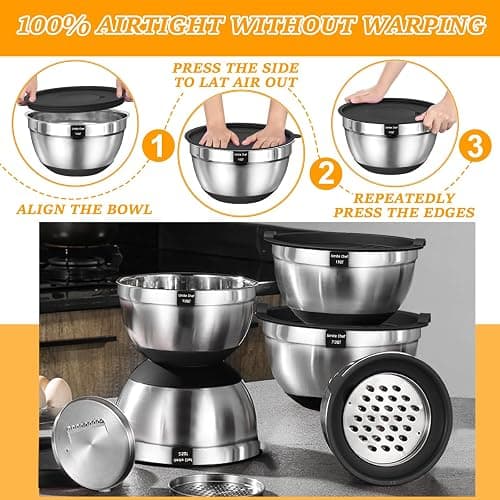 Umite Chef Mixing Bowls with Airtight Lids, 26Pcs Stainless Steel Bowls Set, 3 Grater Attachments & Black Non-Slip Bottoms Size 7, 4, 2.5, 2.0,1.5, 1QT, Great for Mixing & Serving thumbnail 7