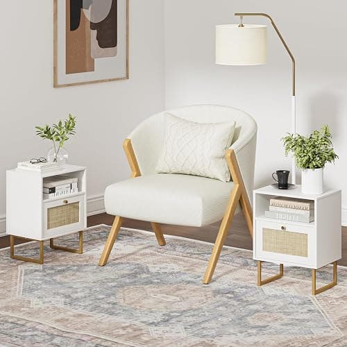Masupu Rattan Nightstand,Modern Boho Farmhouse Wood Bedside Table with Storage Drawer and Open Shelf,Small Gold Frame Side End Table for Bedroom,Living Room,Office(White) thumbnail 7