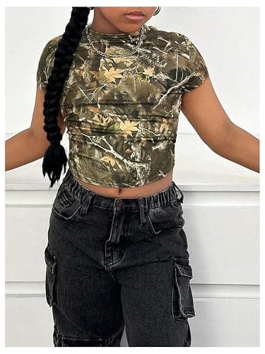 RoseSeek Girl's Camo Crop Tight Shirts Branch Print Short Sleeve Slim Fitted T-Shirt thumbnail 2