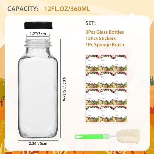 AuroTrends 12 oz Glass Bottles with Lids 3Pack for Juicing, Water, Kombucha - 360ml Portable Juicing Bottles Reusable Glass 12oz (12fl.oz, Set of 3) thumbnail 3