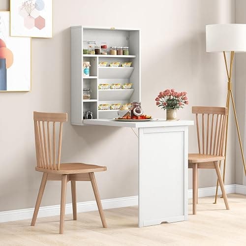 Tangkula Foldable Wall Mounted Desk, Floating Table with Storage Shelves & Hooks, Space-Saving Fold-Up Murphy Desk for Small Spaces, Home Office, Dorm Room thumbnail 4