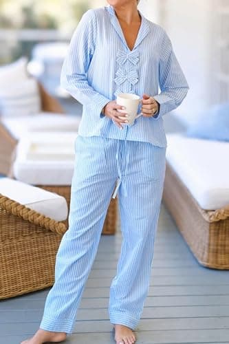 codcm Womens Striped Pajama Set Bow Tie Front Cute Pj Set Long Sleeve Shirt and Wide Leg Comfy Lounge Set thumbnail 3
