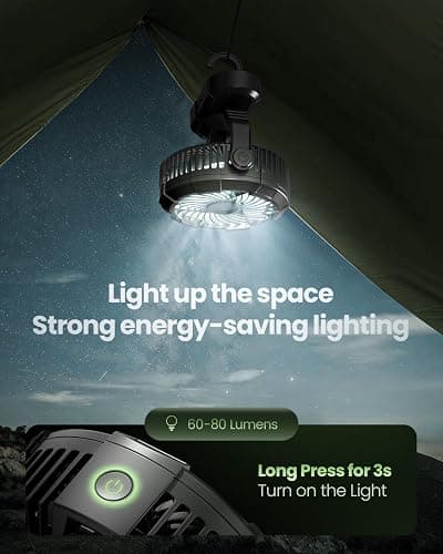 Gaiatop Portable Camping Fan with LED Lantern, Power Display 360° Head Rotation, Hanging Hook for Tent, 3 Speed Quiet Rechargeable, 4000mAh Battery Operated USB Fans for Indoor Outdoor Travel Black thumbnail 5