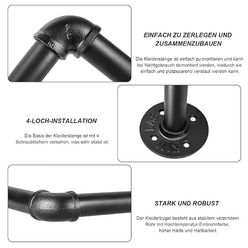 Youyijia Kleiderständer für die Wand 140cm Rohr Kleidergestell Industrieller Stil Wandhänger Abnehmbare Metallkleiderstangen Garderobenstange Schlafzimmer für Flure Wohnzimmer Schlafzimmer Schwarz thumbnail 5
