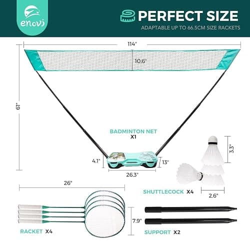 ENOVI EasyGo Badminton Set, with Net, 4 Racket, 4 Birdies, Portable Storage Box, for Backyards, Outdoor Games, Yard Games thumbnail 7