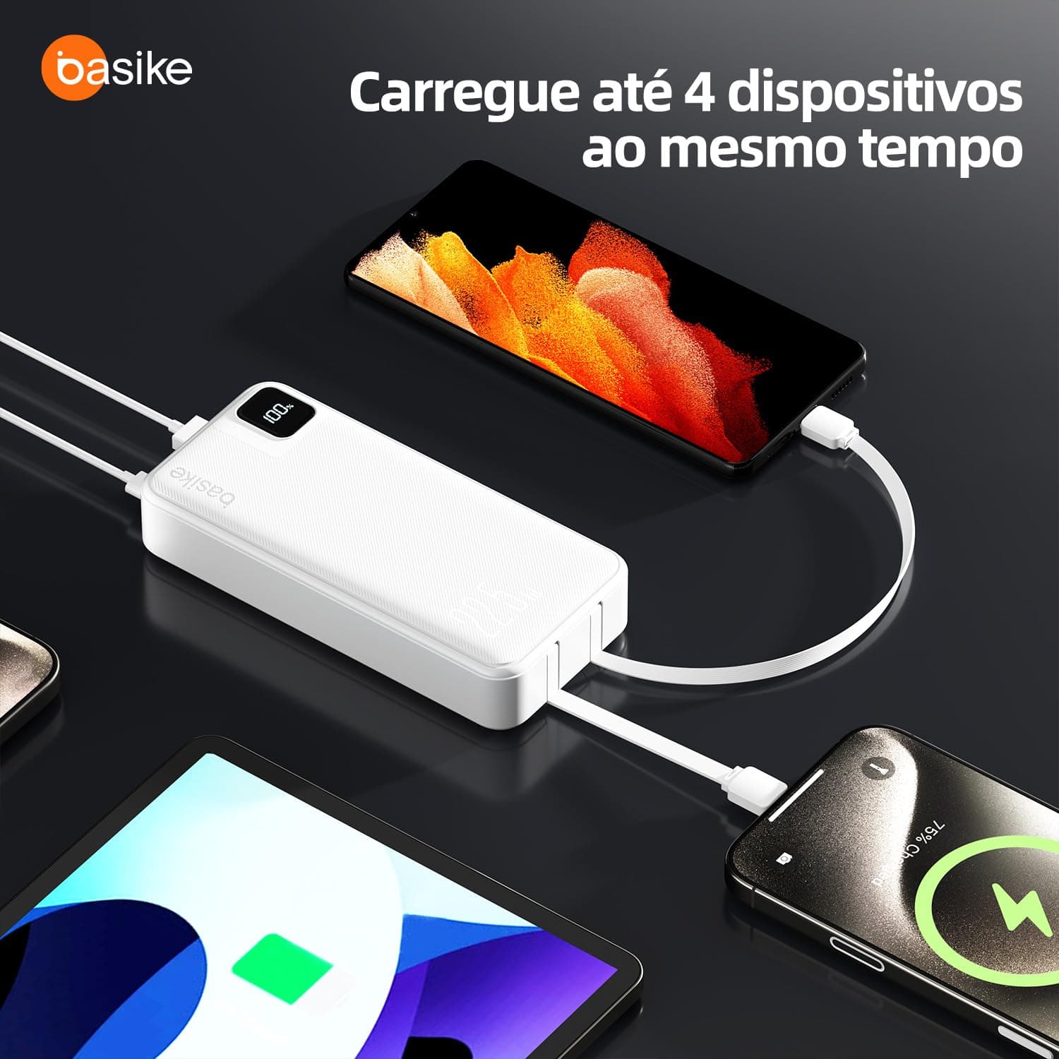 Basike Power Bank, Carregador Portátil Universal 20000mAh, USB-A(até 22.5W)+USB-C(até PD20W), com 2 Cabos Integrados (USB-C, Lightning) Carregamento Rápido, Led Indicador de Bateria (Branco) - Branco thumbnail 7