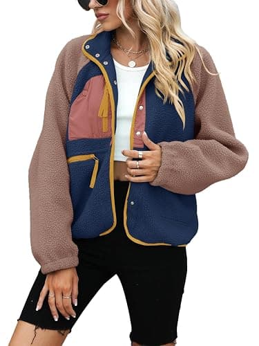 Yanekop Womens Fleece Jacket Fuzzy Long Sleeve Short Winter Coats Button Down Sherpa Jacket Outerwear with Pockets thumbnail 2