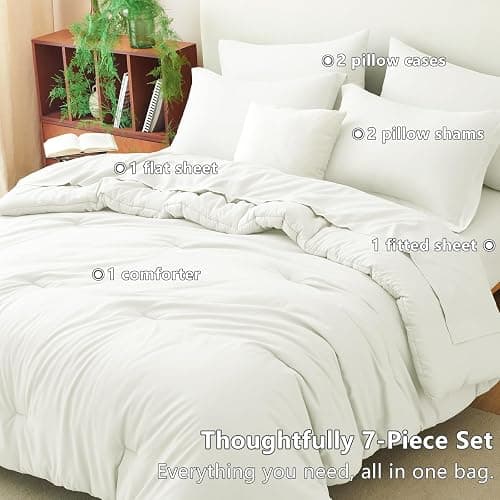 CozyLux Queen Comforter Set Ivory, 7 Pieces Bed in a Bag Queen Comforter Set with Sheets, Luxury Soft Bedding Sets with Down Alternative Comforter, Fitted Sheet, Flat Sheet, Pillowcases & Shams thumbnail 6