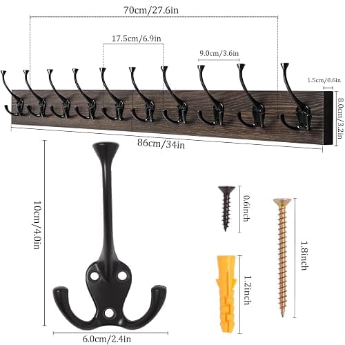 IBosins Wall Mounted Coat Rack with 10 Decorative Hooks, 34'' Long, Old Wood Color Coat Hanger, Rustic Coat Hooks Rail for Entryway Living Room Coat Scarf Bag Towel Hat thumbnail 3