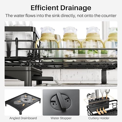 Dish Drying Rack - Extendable Dish Rack, Large Sink Drying Dish Drainer for Kitchen Counter, Stainless Steel Dish Strainer with Utensil Holder (Black) - Black thumbnail 5