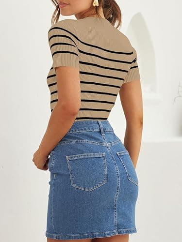 ZESICA Women's Short Sleeve Crewneck Striped T Shirt 2025 Summer Ribbed Knit Slim Fit Casual Basic Tee Tops thumbnail 4