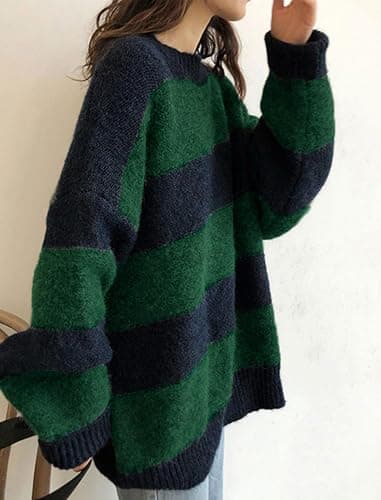 EMMIOL Women's Oversized Striped Sweaters 2025 Fall Trendy Long Sleeve Knit Outfits Crewneck Fashion Pullover Tops thumbnail 3