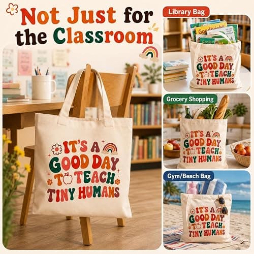 JIOIGFTSY Teacher Canvas Totes Bag Teacher Appreciation Gifts for Women | Teacher tote bags with “It’s a Good Day to Teach Tiny Humans” print; canvas tote bag for women, school, work, and daily use thumbnail 8