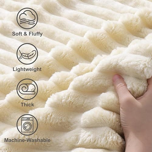 decorUhome Soft Fleece Beige Throw Blanket for Couch, Cozy Fluffy Plush Flannel Striped Blanket for Sofa Bed, Lightweight Decorative Ribbed Fuzzy Blanket for Woman, 50x60 Inches thumbnail 3