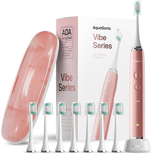 Aquasonic Vibe Series Ultra-Whitening Toothbrush â ADA Accepted Electric Toothbrush - 8 Brush Heads & Travel Case â 40,000 VPM Motor & Wireless Charging - 4 Modes w Smart Timer â Satin Rose Gold - Image 1