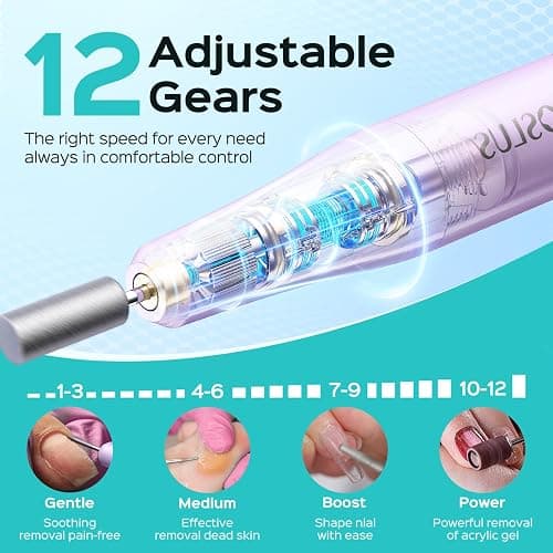 COSLUS C50 Portable Cordless Electric Nail Drill, 12 Speeds & LED Display | Professional Nail File for All Manicure Shaping & Gel Removal, Nail Art Practice Essentials, Home DIY & Travel Use, Purple thumbnail 5