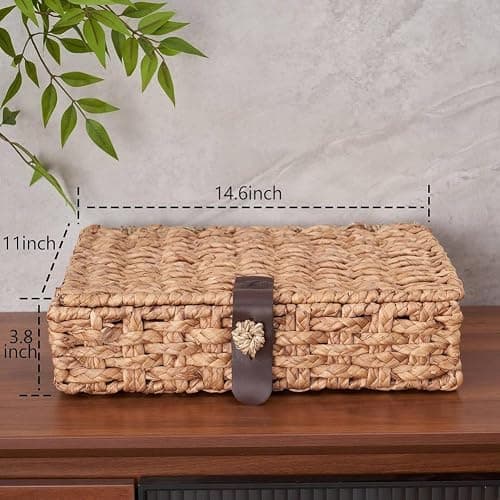 Wooswen Wicker Storage Basket Decorative Box with Lid, Water Hyacinth Woven Design for Shelf& Coffee Table Large thumbnail 6