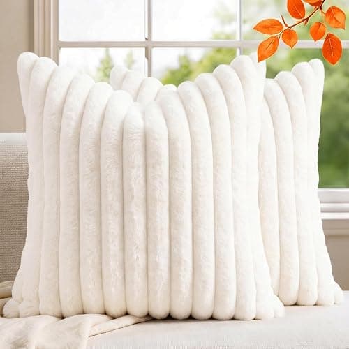 MEGAYES Pack of 2 Throw Pillow Covers 18x18 Decorative Solid Plush Faux Fur with Soft Velvet Back, Square Striped Cushion Cases Modern Farmhouse Home Decor for Living Room Couch Sofa Bed Cream White - Image 1