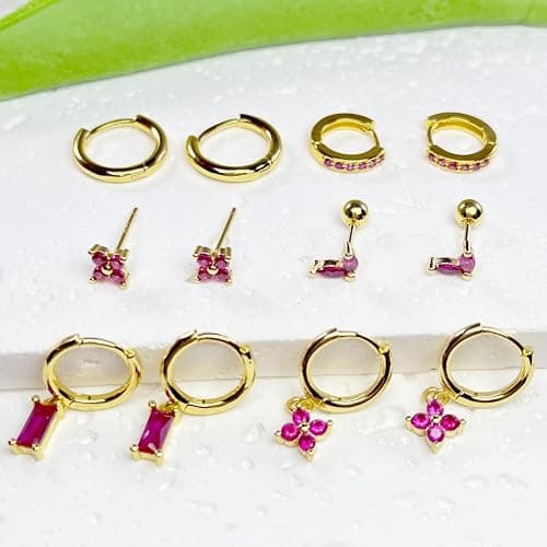 FIRSAUKI Earring Sets for Multiple Piercing Small Gold Earring Stack 14K Gold/Silver Plated Huggie Hoop Earrings for Women Hypoallergenic Cartilage Stud Gold and Green Earring Set - F:Pink CZ thumbnail 7
