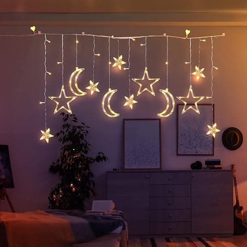 Riakrum 11.48 ft 21 LED Star and Moon String Lights Plug in Christmas Warm White Fairy Light Waterproof Decor for Bedroom USB Powered LED Curtain Light with USB Battery Box Cable Clip Wedding Party thumbnail 6