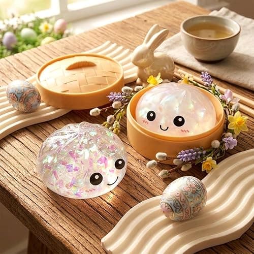 Giant Dumpling Squishy, 2026 Soft Dumpling Stress Ball with Steamer Box, Easter Gift Squeeze Stress Relief Sensory Figure Decor for Desk Office Home Relaxation (White+Gold) thumbnail 2