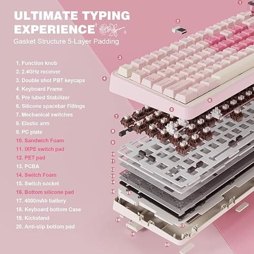 YUNZII B75 PRO Wireless Mechanical Keyboard,75% Layout with Knob,Hot Swap Gasket Custom Structure,Creamy Pre-lubed Switches,RGB Backlit,Bluetooth/Type-C/2.4G for Win/Mac(Cocoa Cream V2 Switch,Pink) - Cocoa Cream V2 Switch - Pink thumbnail 4