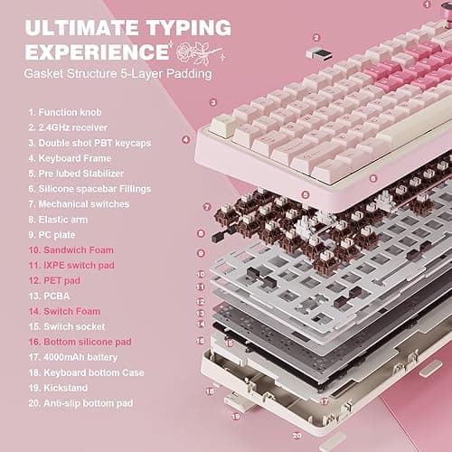 YUNZII B75 PRO Wireless Mechanical Keyboard,75% Gaming Keyboard Gasket Hot Swap Custom Keyboard with Knob,Pre-lubed Switches RGB,Bluetooth/Type-C/2.4G (Pink, Cocoa Cream V2 Switch) thumbnail 5