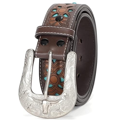 XZQTIVE Women Men Genuine Leather Belt Vintage Ladies Western Belt Engraved Tooled Leather Belt Cowboy Cowgirl Country Belt - Image 1