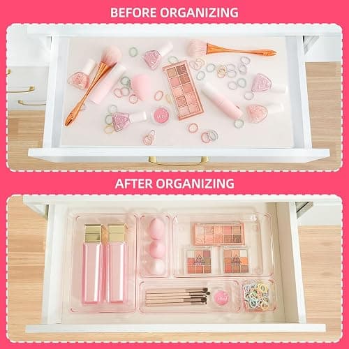 Kitchen Desk Drawer Organizers Storage for Office, Small Acrylic Vanity Trays Makeup Organizer for Drawer Bathroom Plastic Make up Organizers 25 Pcs Pink thumbnail 3