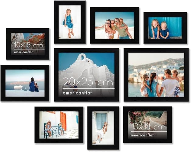 Americanflat lot de 10 Cadres Photo Noir - (2) 20x25, (4) 12x18 et (4) 10x15 cm - Décoration Murale et Collages avec Verre Résistant aux Chocs, Matériel de Suspension et Chevalet - Image 1