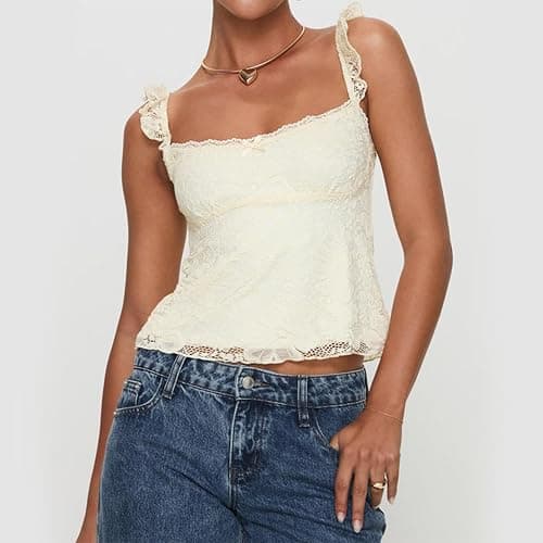 Women Y2k Lace Trim Tank Tops Teen Girl Fairycore Sleeveless Solid Going Out Streetwear Summer Crop Camisole thumbnail 4