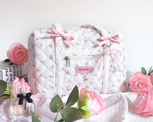 Coquette Bag with Bow Pearl Charm Floral Quilted Duffle Bag for Women Girls Small Puffer Shoulder Purse Cute Bunny Handbag for Travel, Work, School thumbnail 6