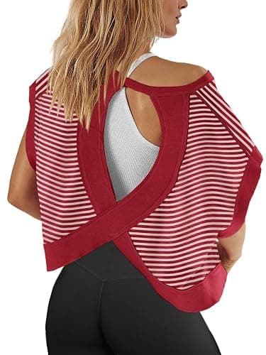 Panadila Womens Open Back Workout Top Oversized Workout T Shirts Backless Athletic Shirt Short Sleeve Baby Tee - Image 1