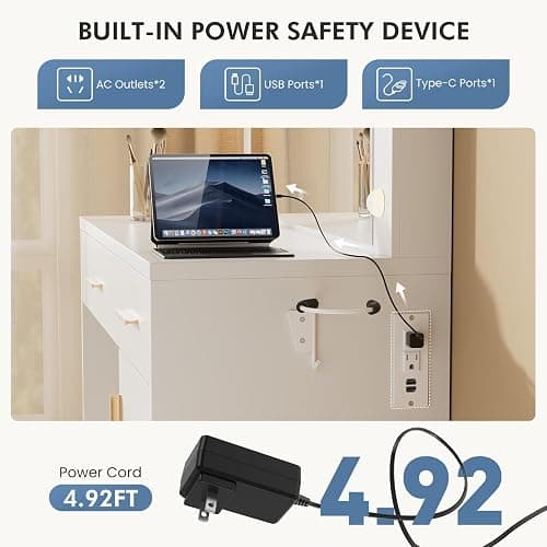 DUMOS Vanity Desk with Mirror and 11 LED Lights, Makeup Vanity Table with Charging Station (2AC/USB/C), Dressing Table with 2 Drawers & Large Cabinet, 3 Lighting Color Adjustable, White thumbnail 4