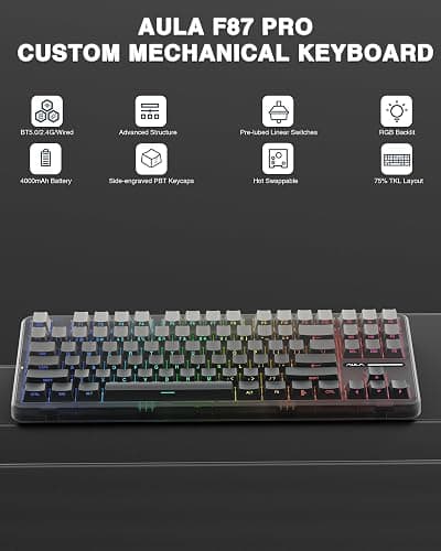 AULA F87 Pro Wireless Mechanical Keyboard,Tri-Mode BT5.0/2.4GHz/USB-C Hot Swappable Custom Keyboard,Pre-lubed Switches,Side Printed PBT Keycaps,75% TKL RGB Backlit Gaming Keyboards thumbnail 2