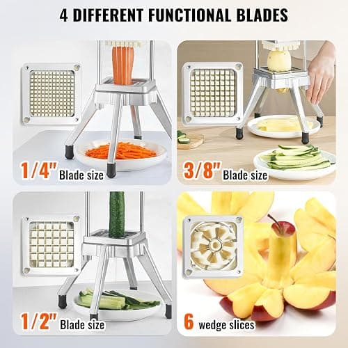 VEVOR Commercial French Fry Cutter, 4 Blades Lever Vegetable Chopper | 1/2”, 3/8”, 1/4”, 6-Wedge Slicer, 420J Stainless Steel Blades, Potato Dicer & Fruit Lever Cutter, for Dining and Home Kitchen thumbnail 5