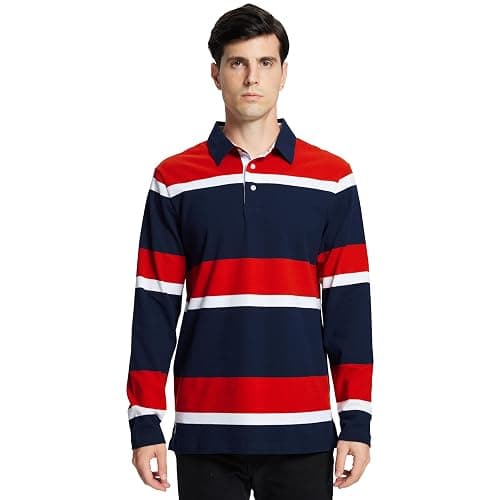 Men's Polo Shirts Long Sleeve Striped Dry Fit Casual Collared Pique Golf Polo Shirts for Mens thumbnail 2
