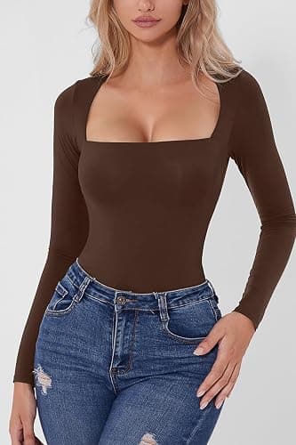 QINSEN Women's Sexy Square Neck Bodysuit Long Sleeve Double Lined Shirt Tops thumbnail 5