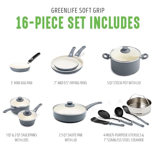 GreenLife 16 Piece Ceramic Nonstick Pots & Pans Cookware Set, Gray | PFAS-Free Nonstick Coating, Stockpot, Frying Pans, Saucepans, Sauté Pan, Stay-Cool Handles, Dishwasher & Oven Safe up to 350F thumbnail 3